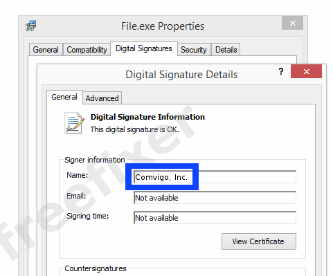 Screenshot of the Comvigo, Inc. certificate